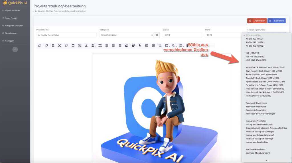 QuickPix AI Darstellung Größen